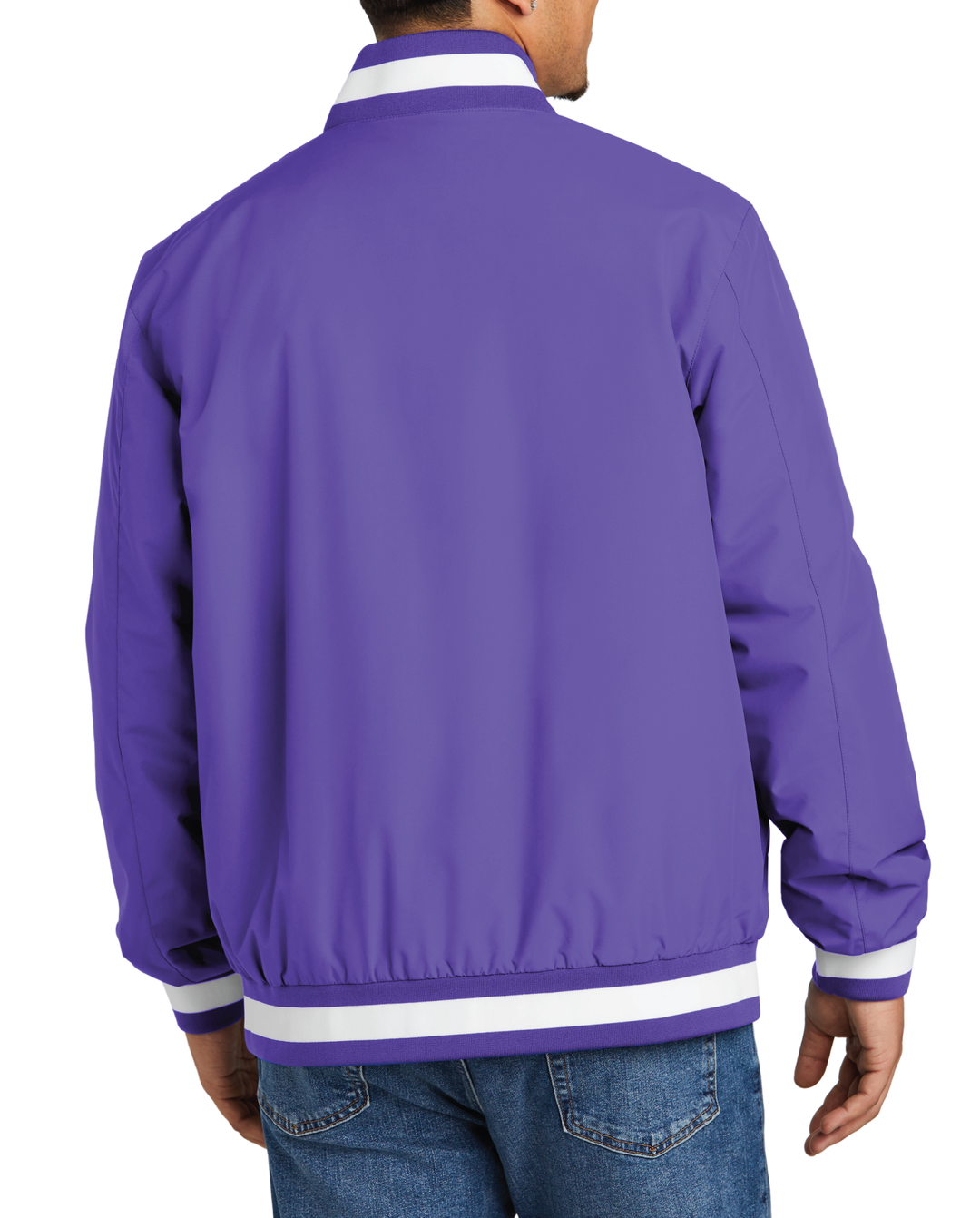 Back view of a purple varsity jacket being worn by an adult male