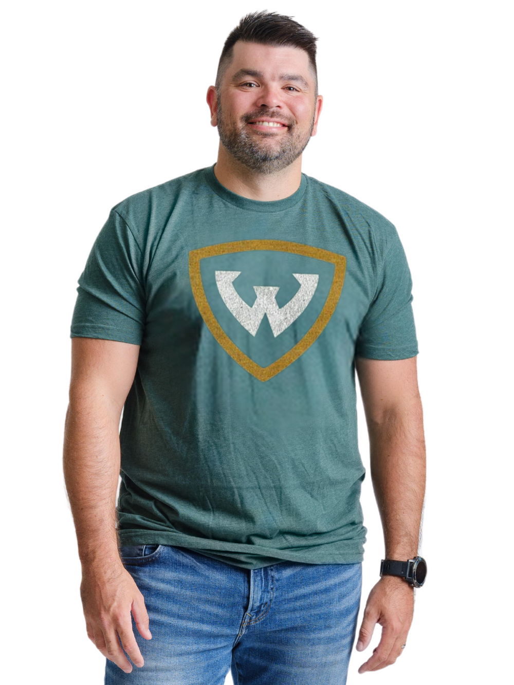 Wayne State University Block W Logo on Green Premium T-Shirt on male model