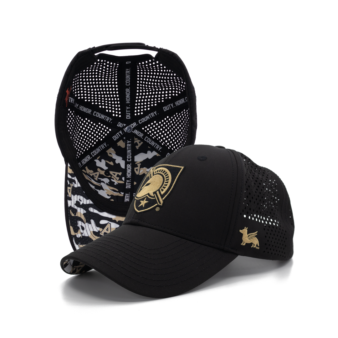 Black performance hat for ARMY West Point featuring the iconic shield logo on the front and custom camo pattern.