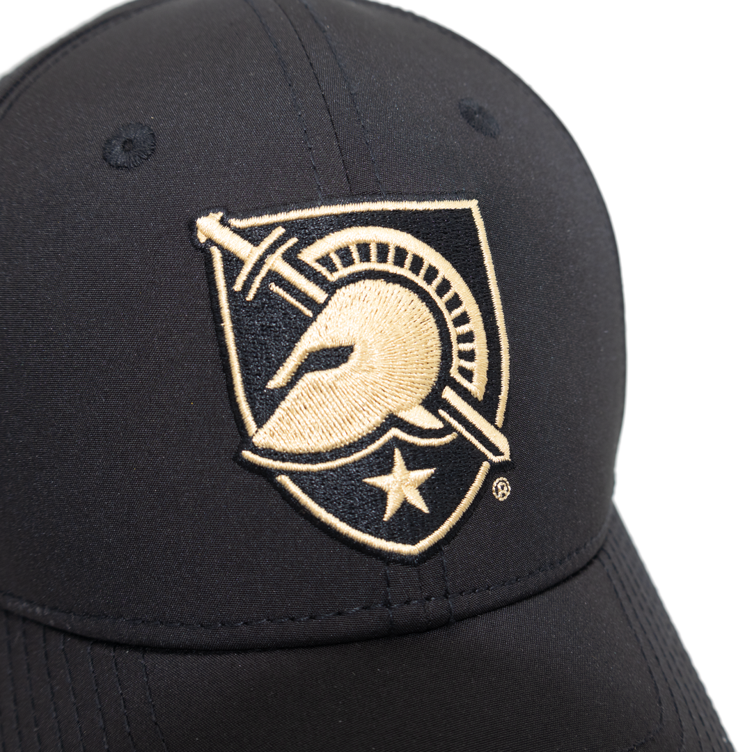 Close up of embroidered West Point shield logo on a performance black hat. 